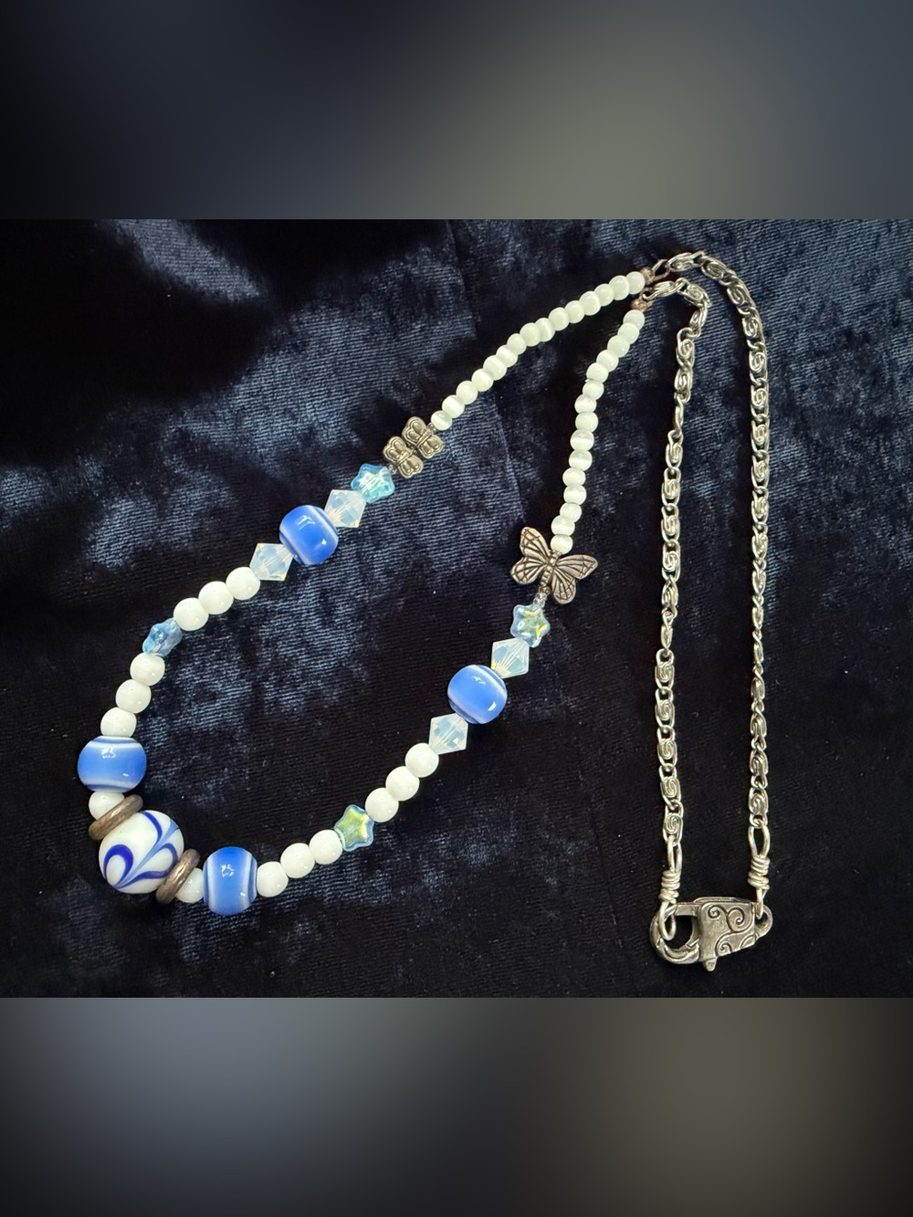 Handcrafted Blue and White Beaded Butterfly Necklace